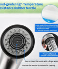 Brushed Nickel Kitchen Faucet With Pull Out Sprayer nozzle detail showing silicone material and easy cleaning feature