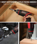 4V Cordless Screwdriver Kit With 44 Accessories in use, showing dual position handle and LED light during DIY projects