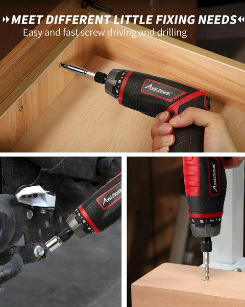 4V Cordless Screwdriver Kit With 44 Accessories in use, showing dual position handle and LED light during DIY projects