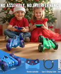 Kids playing with Fast USB-C Dual Charging RC Car And Controller with LED lights, showing blue and green models and accessories.
