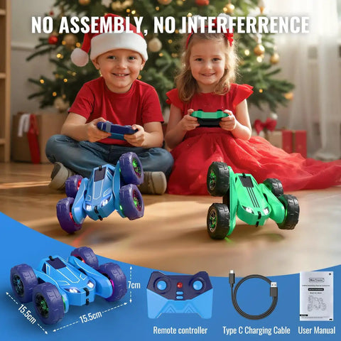 Kids playing with Fast USB-C Dual Charging RC Car And Controller with LED lights, showing blue and green models and accessories.