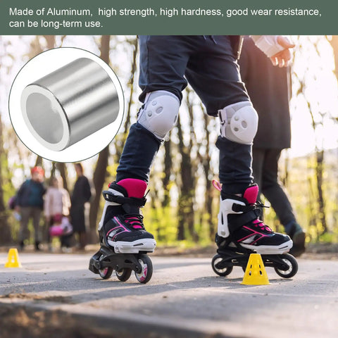 Person roller skating outdoors with inset showing Eight Pcs Inline Axle Bearing Spacers Kit for Roller Skates, 8mm axle spacers.