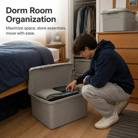 Heavy Duty Stackable Storage Totes With Secure Hinged Lids And Smooth Rolling Casters Plus Reinforced Side Handles For Clutter Free Closet Organization And Dorm Spaces with clothes and books inside.