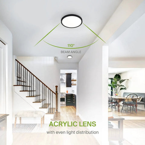 Nine Inch Round Flush Mount LED Light 18W 1460 Lumens Tri Color 3000K 4000K 5000K Dimmable 120V in hallway ceiling