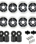 Indoor Roller Hockey Wheel Set 76 And 80 Durometer Hybrid Ceramic Bearings 78A Eight Pack with bearings and spacers displayed