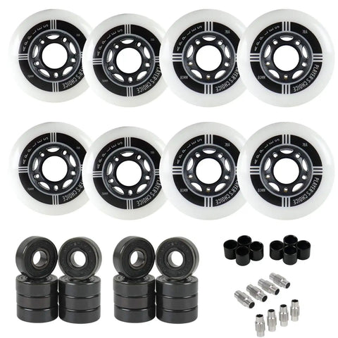 Indoor Roller Hockey Wheel Set 76 And 80 Durometer Hybrid Ceramic Bearings 78A Eight Pack with bearings and spacers displayed