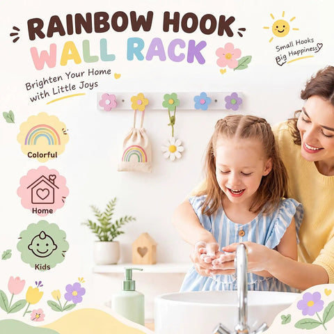 Tot Approved Flower Shaped Kids Coat Rack 2 Piece Wall Hook Set Rainbow Colors Dreamy Decor for Nursery and Entryway Storage Holds Coats Backpacks and Towels like a Boss, colorful wall hooks in kids' room