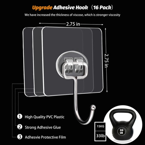 Heavy Duty Adhesive Hooks 16 Pack Waterproof Wall Mounts That Hold Up Like Champs With 33 Pound Capacity Zero Drilling Hassle For Kitchen Bathroom Or Garage Storage