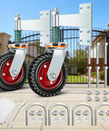6 Inch Heavy Duty Gate Wheel With Rugged Steel Build And Hardened Rubber Tire, complete with mounting hardware and tools.