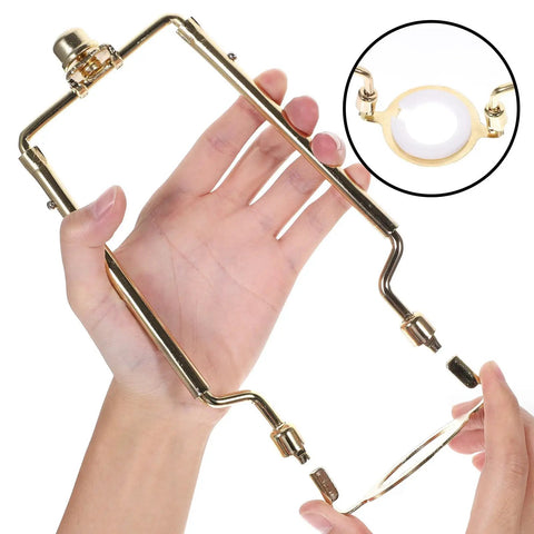 Adjustable Lampshade Harp Holder Kit With Lampshade Bracket And Hardware, sturdy golden finish, shown held in hand.