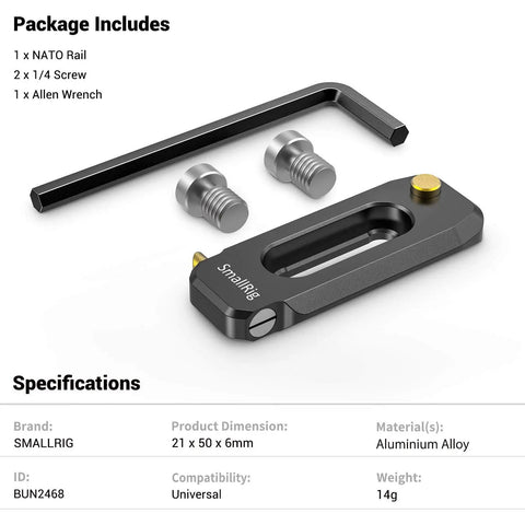 Badass Low Profile NATO Rail Quick Release Safety Mount Fifty Millimeter Long Camera Cage Accessory With Standard Thumbscrews, includes screws and wrench.