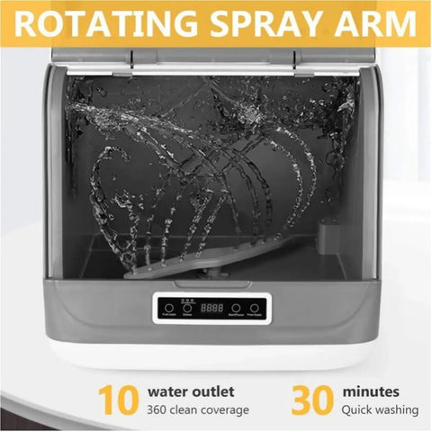 Interior view of No Fuss Portable Countertop Dishwasher With Eight Liter Tank And Four Custom Wash Cycles featuring rotating spray arm.