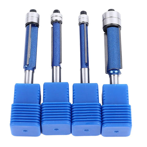 Top Notch 4 Piece Flush Trim Router Bit Set With Double Bearing Precision Guides And Tough 6Mm Shank For Smooth Woodworking Trimming Jobs Plus Storage Box Included, blue bits.
