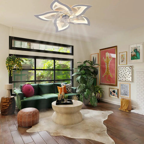 Joy Flower 25.6 Inch Modern Flush Mount Ceiling Fan With Lights in cozy living room with petal LED light design.