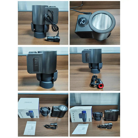 Portable Car Cup Warmer Cooler Duo That Really Hits Different Quick Heating And Cooling For That Everyday Sip Vibe on a wooden background.