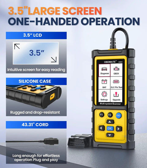 OBD2 Scanner For ABS SRS And Transmission With Full OBDII Functions featuring 3.5 inch screen and durable silicone case