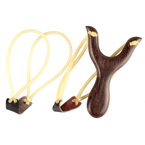 Solid Wood Slingshot With Classic Construction For Adults Heavy Duty Outdoor Catapult Style Toy For Target Practice And Hunting Training Durable Rubber Bands With Leather Ammo Pocket Deep Brown Finish on white background