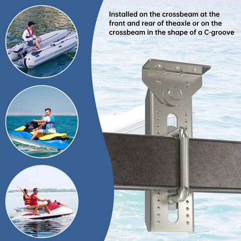 Heavy Duty Boat Trailer Bunk Brackets, 8 Inch Swivel Support Pads showing installation on trailer crossbeam with steel mount.