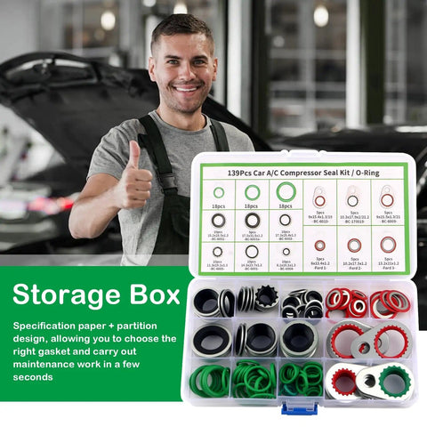 Comprehensive 139 Piece Car AC O Rings And Gasket Kit With Metal Gaskets And Sealing O Rings in storage box