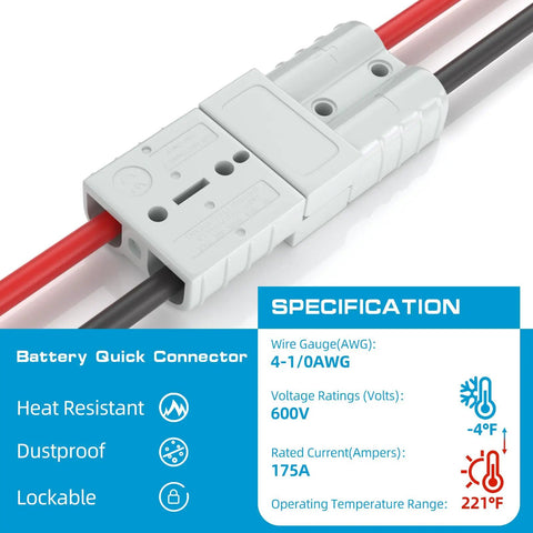 175 Amp 1 0 AWG Battery Quick Disconnect Connector Kit 2-pack gray battery connector with red and black cables