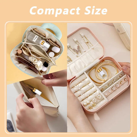 Compact storage cases for beauty products and jewelry in soft colors, showcasing organization for travel or home use.