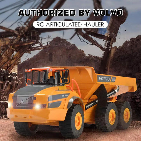 Volvo Authorized RC Dump Truck Toy For Kids, Realistic Articulated Hauler With Lights in a construction site setting