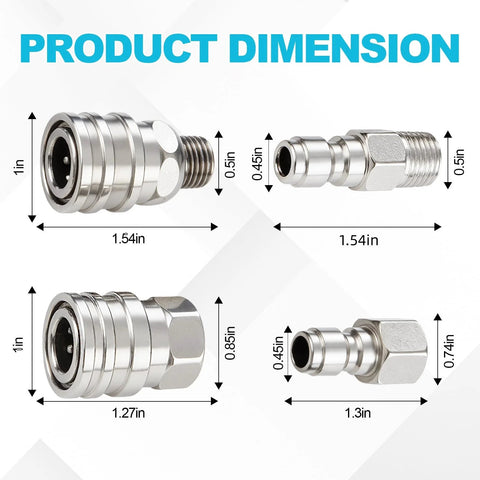 Ciunura 4-pack stainless steel pressure washer quick-connect fittings, 1/4 in NPT female/male, front and side views.