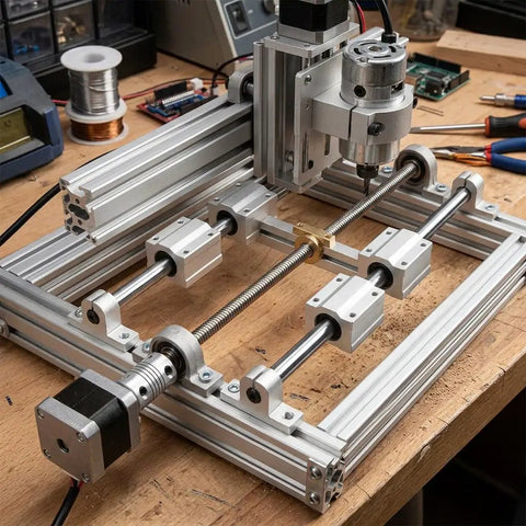 8x8 Lead Screw Shaft Kit With 304 Stainless Steel Guide Rods And SC8UU Bearing Blocks For 3D Printers And CNC Machines A Beefed Up Plug And Play High Strength Bundle With Nut Vertical Bearings Shaft Supports And Flexible Couplings on workbench