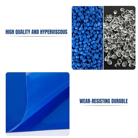 Heavy Duty 300 Sheet Peel Away Floor Mat, Industrial Cleanroom Adhesive Trap, Gray 24 By 36 Inch Dust Catcher For Boots And Cart Wheels, close-up of blue material samples.