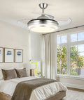 Bedroom with 36 Inch Retractable Ceiling Fan With Lights And Remote Smart Dimmable Led Fandelier Lit, bright and modern design.