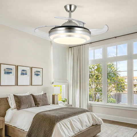 Bedroom with 36 Inch Retractable Ceiling Fan With Lights And Remote Smart Dimmable Led Fandelier Lit, bright and modern design.