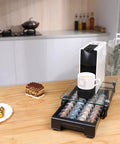 Tempered Glass Top Coffee Capsule Holder Drawer Fits 36 Nespresso OriginalLine Pods Small Size Heavy Duty Metal Frame Kitchen Countertop Organizer With Easy Clean Plastic Drawer
