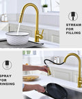Top Shelf Brushed Gold Kitchen Faucet With Drip Free Pull Down Sprayer And Included Deck Plate showing stream and spray functions in modern kitchen.