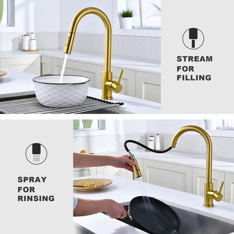 Top Shelf Brushed Gold Kitchen Faucet With Drip Free Pull Down Sprayer And Included Deck Plate showing stream and spray functions in modern kitchen.