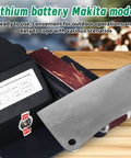 Top Shelf Compact 90 Degree Vertical Belt Sander With Electric Knife Sharpener Bench Grinder Kit showing lithium battery Makita model.