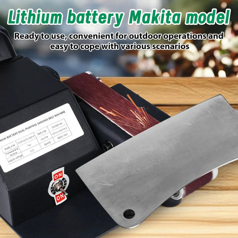 Top Shelf Compact 90 Degree Vertical Belt Sander With Electric Knife Sharpener Bench Grinder Kit showing lithium battery Makita model.