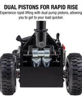 2 Ton Off Road Jack With 28.4 Inches Lift Height, Rapid Rise Mechanism, front view showing dual pistons and wheels