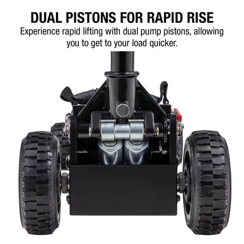 2 Ton Off Road Jack With 28.4 Inches Lift Height, Rapid Rise Mechanism, front view showing dual pistons and wheels
