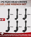 Six Piece Long Flex Head Crowfoot Line Wrench Set With Three Eighths Inch Drive For Injector And Fuel Line Applications Includes 12 14 16 17 18 19 Millimeter Crowfoot Sockets Flare Nut Wrenches In Chrome Vanadium For High Durability image showing 6 sizes of wrenches