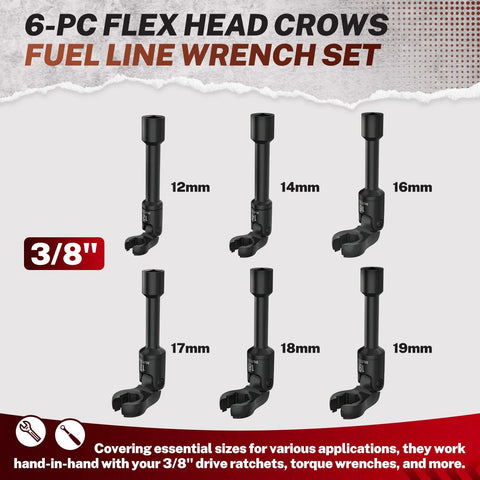Six Piece Long Flex Head Crowfoot Line Wrench Set With Three Eighths Inch Drive For Injector And Fuel Line Applications Includes 12 14 16 17 18 19 Millimeter Crowfoot Sockets Flare Nut Wrenches In Chrome Vanadium For High Durability image showing 6 sizes of wrenches