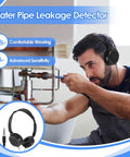 13000x High Amplification Pipe Leak Detector Kit With Rechargeable Battery, Large Headphone, And Field Strength Meter For Home Plumbing Pro Level Leak Finder For Hidden Leaks, Long Battery Life, Fast Accurate Detections. Man using black headphones on a water pipe