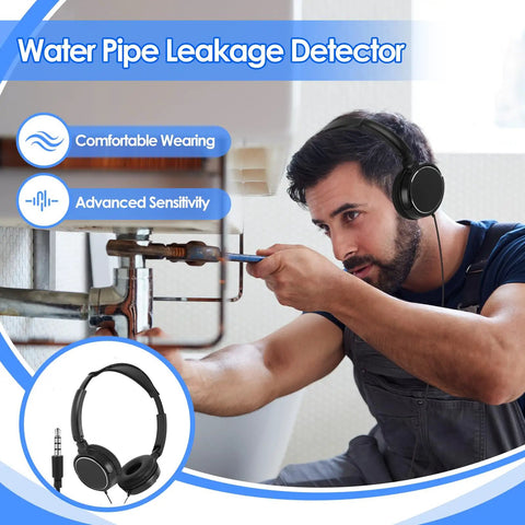 13000x High Amplification Pipe Leak Detector Kit With Rechargeable Battery, Large Headphone, And Field Strength Meter For Home Plumbing Pro Level Leak Finder For Hidden Leaks, Long Battery Life, Fast Accurate Detections. Man using black headphones on a water pipe