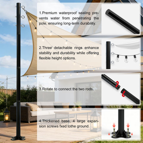 2 Pack 12 Ft Adjustable Shade Sail Poles Kit For Outdoors with 4 part modular poles, illustrating assembly and features.