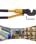 Heavy Duty Portable Hydraulic Rebar Cutter And Crimping Tool With Non Slip Grip Handle displayed with hex wrench and construction images.
