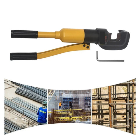 Heavy Duty Portable Hydraulic Rebar Cutter And Crimping Tool With Non Slip Grip Handle displayed with hex wrench and construction images.