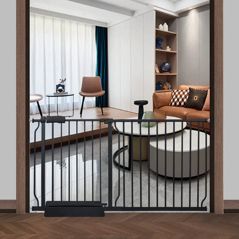 Extra Wide Baby Gate For Stairs And Openings, Pressure Mount Dog Gate With 3 Extensions in black metal separating living room