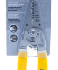 Romex Wire Stripper For 10/2 And 12/2 NM Cable in packaging, multi function electrical tool, stainless steel blades, yellow handle.