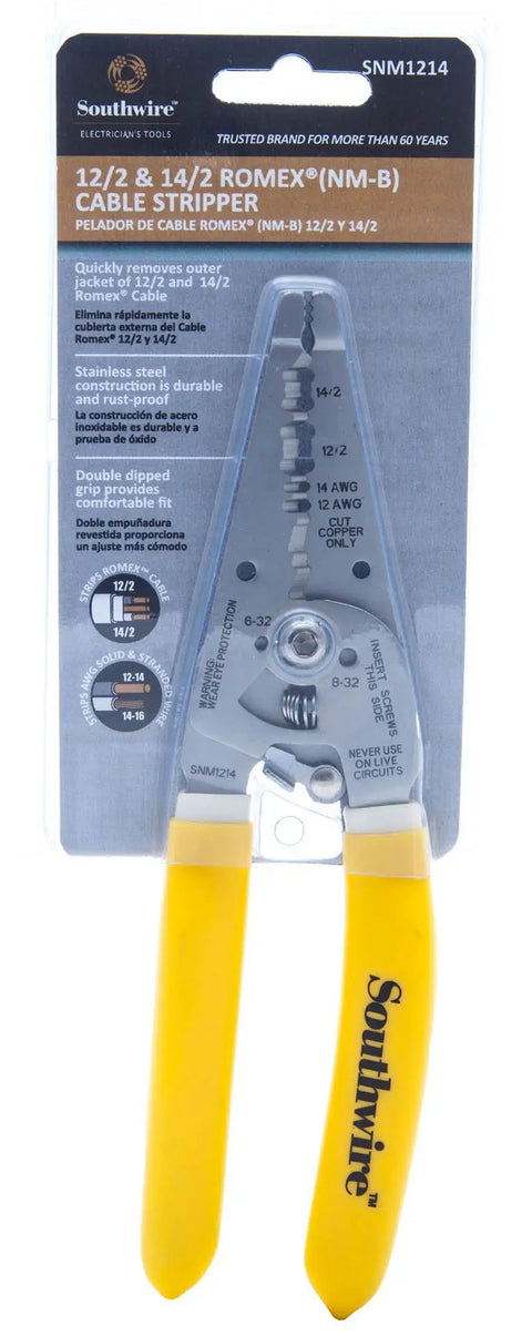 Romex Wire Stripper For 10/2 And 12/2 NM Cable in packaging, multi function electrical tool, stainless steel blades, yellow handle.
