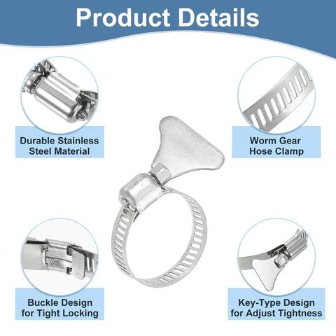 Infographic showing Six Pack Stainless Steel Hose Clamps Worm Gear Adjustable 19-29mm with features and thumb screw design.