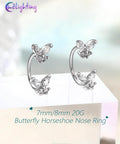 20G Butterfly Horseshoe Nose Ring Hoop With Push Pin Ends Taper Ball Grabber Tool 316L Surgical Steel CZ